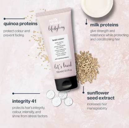 Milk & Honey braid cream tube with ingredients listed on a light pink background
