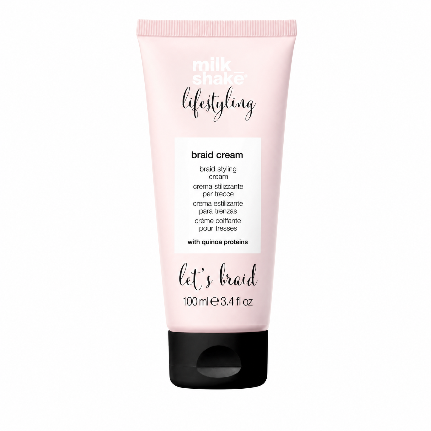 Pink tube of milk_shake styling braid cream on a white background