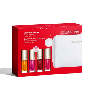 Clarins Radiant Lips Collection packaging with four lipsticks and a white container on a red background.