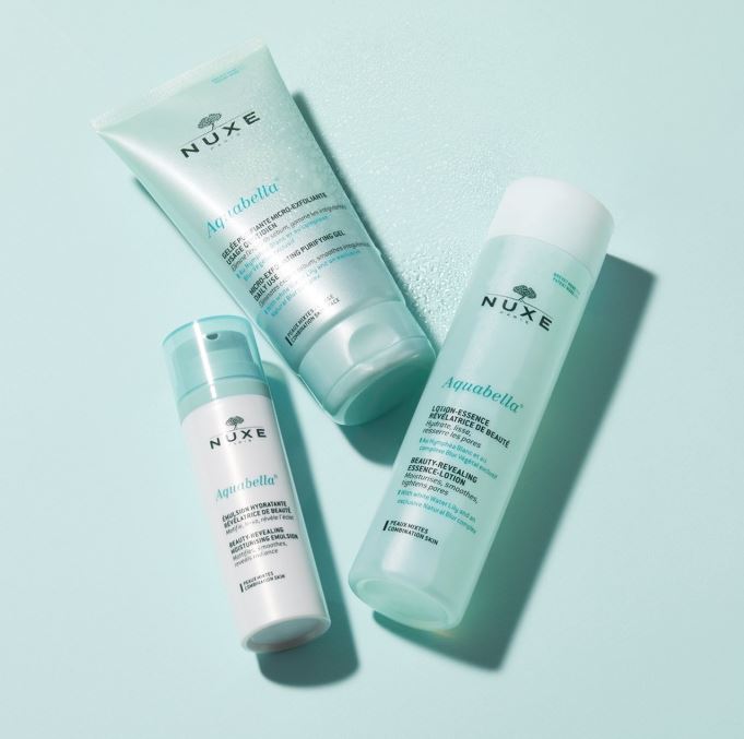 Nuxe Aquabella skincare products on a light blue background