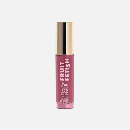 Pink lip oil with gold cap on a white background