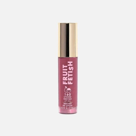 Pink lip oil with gold cap on a white background