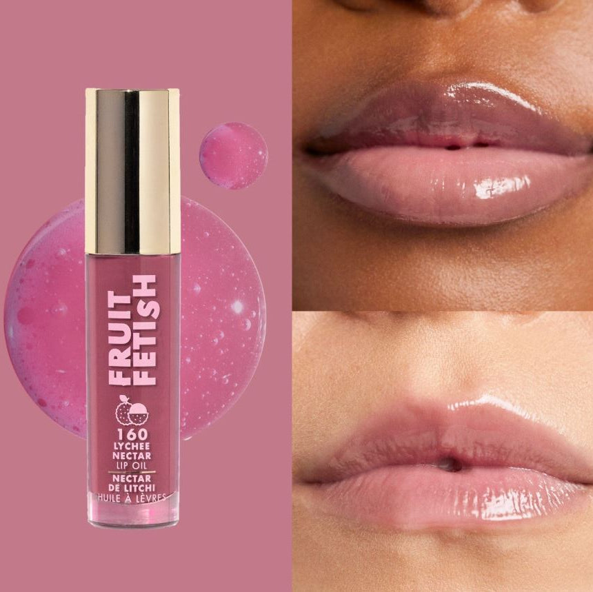 Lip oil with 'Fruit Fetish' branding next to a close-up of lips wearing the product.