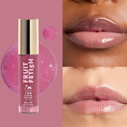 Lip oil with 'Fruit Fetish' branding next to a close-up of lips wearing the product.