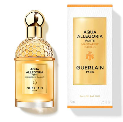 Guerlain Aqua Allegoria Forte Mandarin Basilic perfume bottle and packaging on a white background
