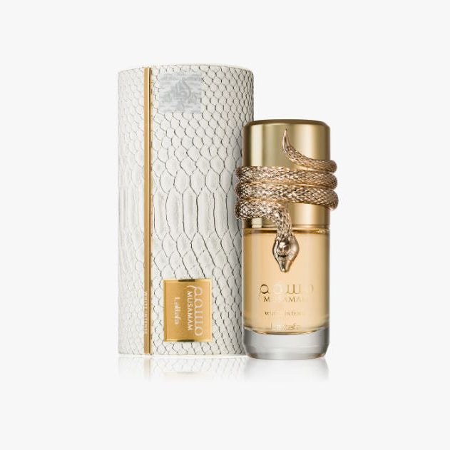 Gold perfume bottle with decorative elements on a white background