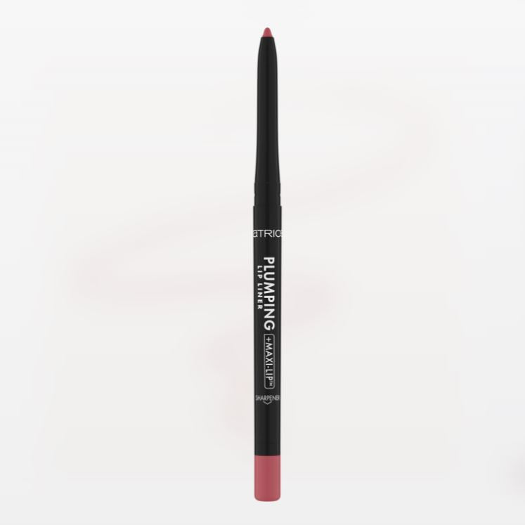 Lip liner pencil with black casing and pink tip on a white background