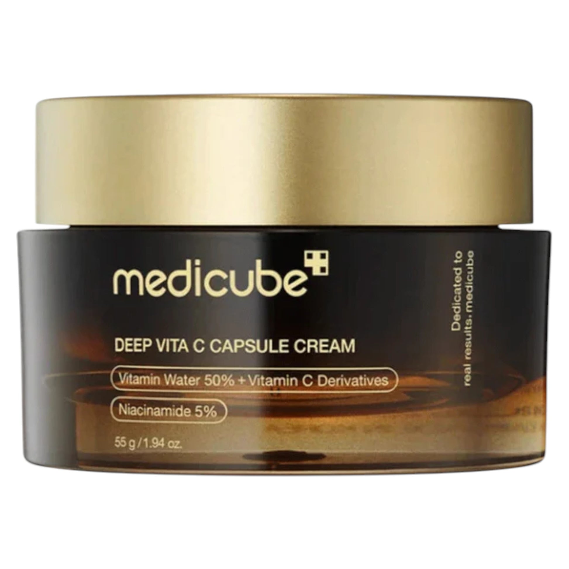 Medicube Deep Vita C Capsule Cream jar with gold lid on a white background