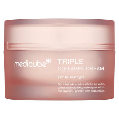 Pink jar of Medicube Triple Collagen Cream on a white background