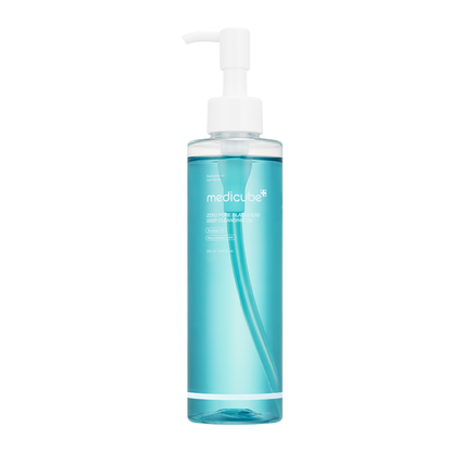 Clear bottle with blue liquid and white pump on a white background