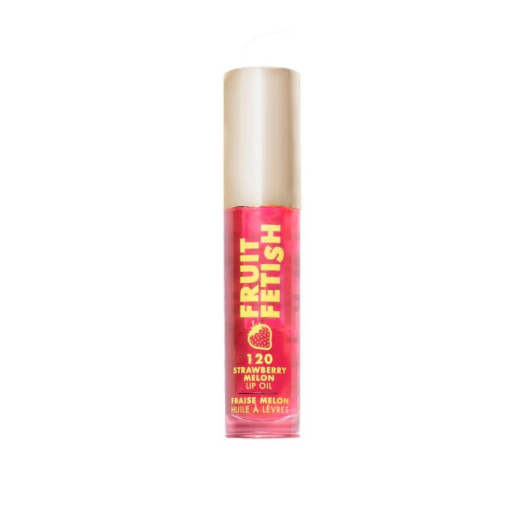 Fruit Fetish lip oil with pink label on white background