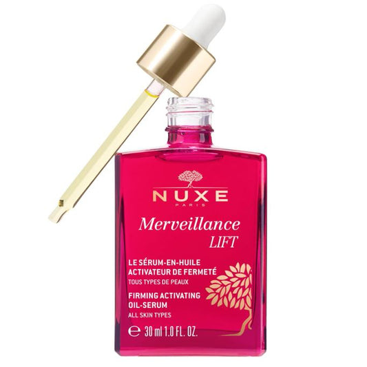 Nuxe Merveillance Lift oil-serum bottle with dropper on a white background
