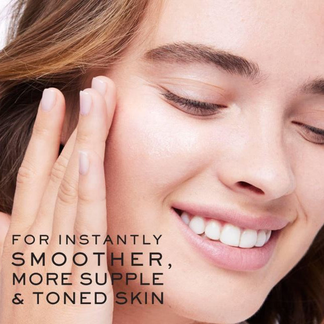 Woman with smooth skin touching her face, with text about skin improvement.