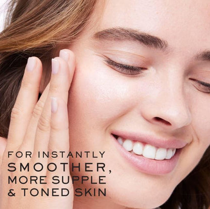Woman with smooth skin touching her face, with text about skin improvement.