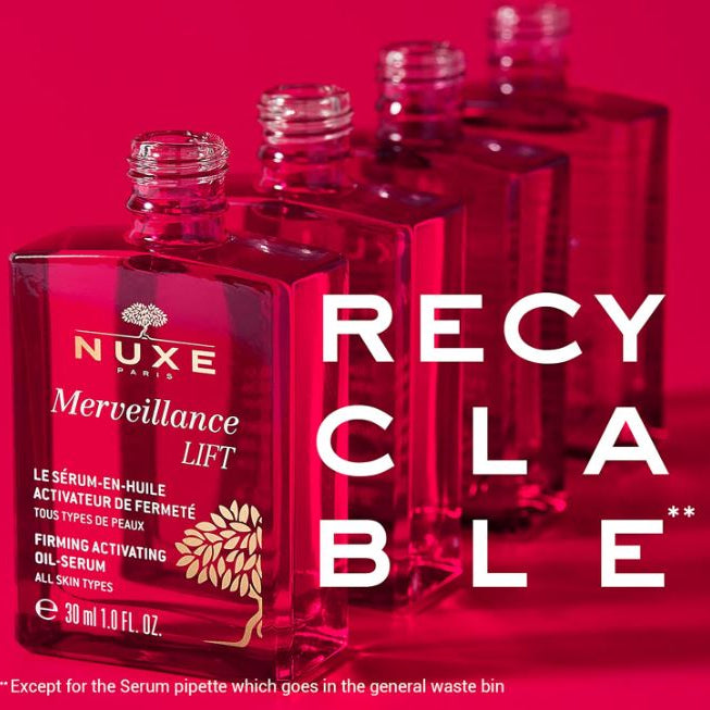 Nuxe Merveillance Lift serum bottles with 'Recyclable' text on a red background