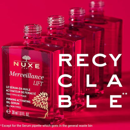 Nuxe Merveillance Lift serum bottles with 'Recyclable' text on a red background