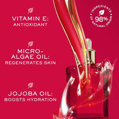 Cosmetic dropper with ingredients listed on a red background