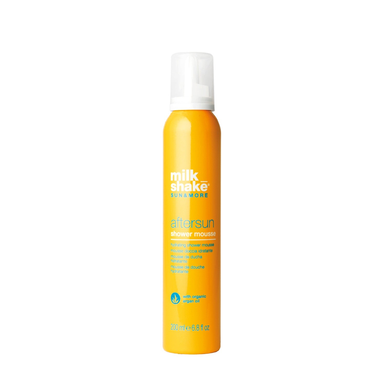 Orange bottle of milk_shake Sun&wore aftersun shower mousse on a white background