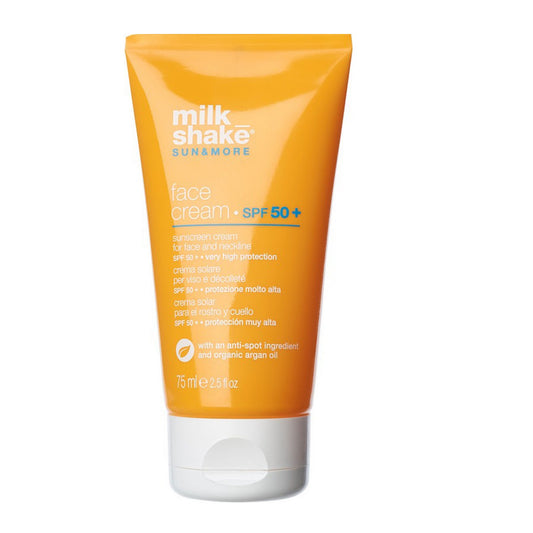 Orange tube of milk_shake Sunscreen Face Cream SPF 50+ on a white background