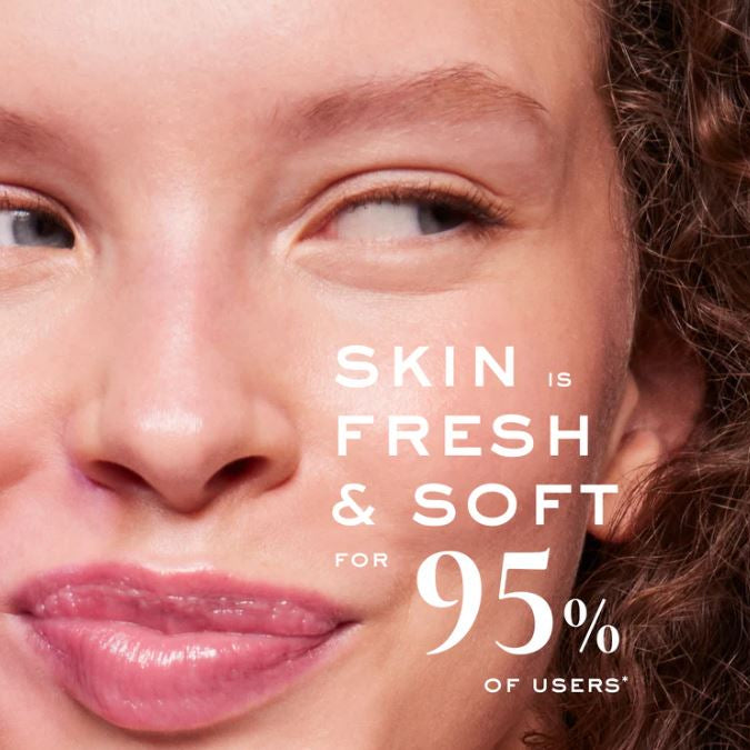 Close-up of a woman's face with text about skin freshness and softness.