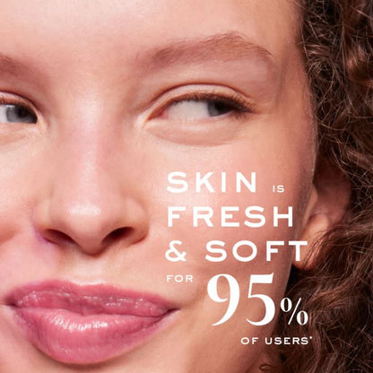 Close-up of a woman's face with text about skin freshness and softness.
