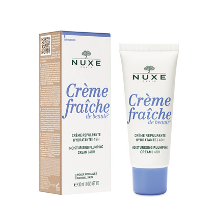 Nuxe Crème Fraçèe de Beauté moisturizing plumping cream with packaging on a white background