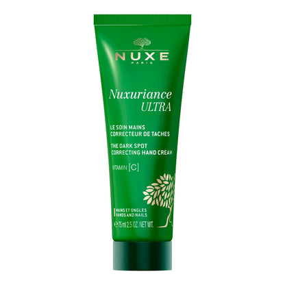 Green tube of Nuxe Nuxuriance Ultra hand cream on a white background