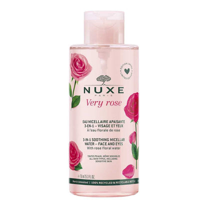 Nuxe Very Rose micellar water bottle with pink roses on a white background