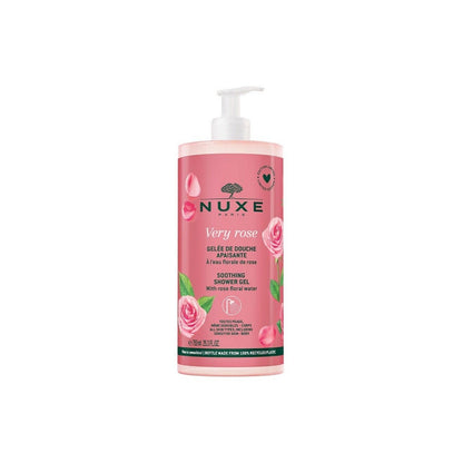 Pink bottle of Nuxe Very Rose shower gel on a white background