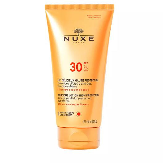 Nuxe sunscreen lotion with SPF 30 on a white background