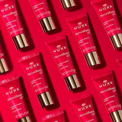 Multiple Nuxe Merveillance Lift skincare products on a red background
