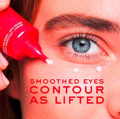 Person applying a red cosmetic product to their eye area with text indicating product effects.