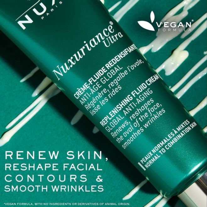 Nuxuriance Ultra skincare product with text on a green background