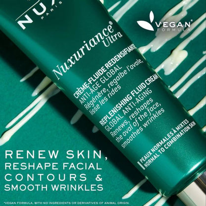 Nuxuriance Ultra skincare product with text on a green background