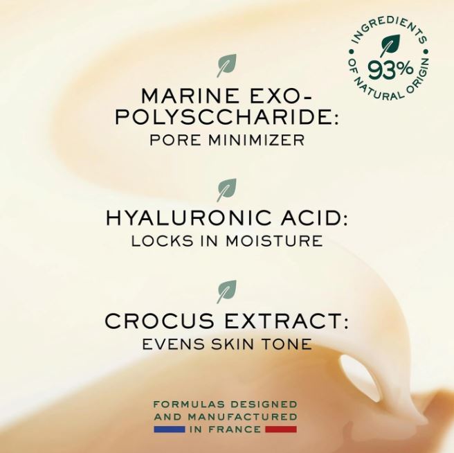 Cosmetic product with ingredients listed on a beige background