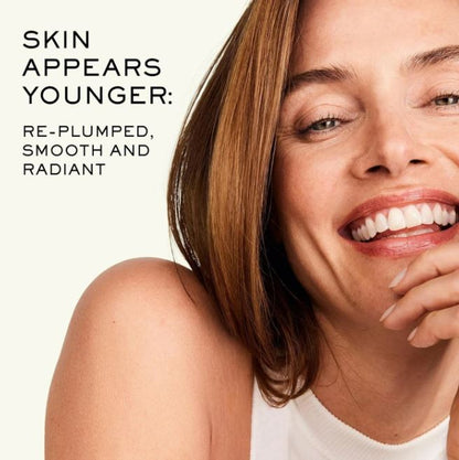 Woman with smooth skin on a white background with text about skin appearance.
