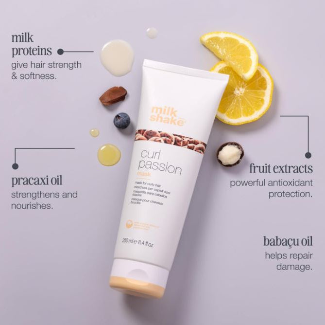 Tube of 'milk shake' curl passion product with ingredients on a light gray background