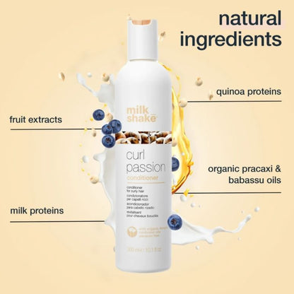 Milk Shake Curl Passion conditioner bottle with natural ingredients listed on a beige background