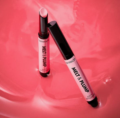 Two Catrice Melt & Plump lip products on a pink background