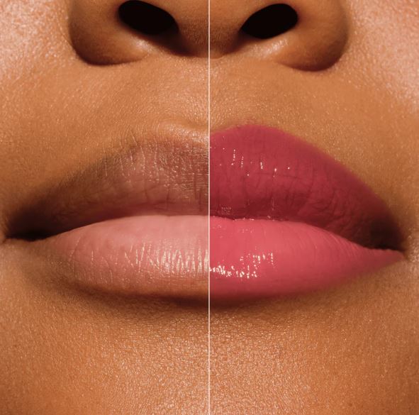 Close-up of lips with a split showing a matte and glossy lipstick shade.