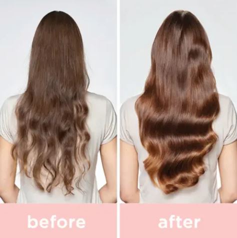 Before and after comparison of long, wavy hair on a person with a plain background.