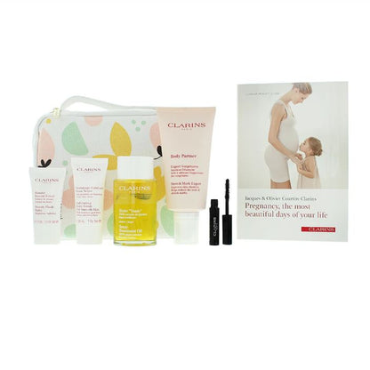 Clarins pregnancy skincare set with a pouch and products on a white background