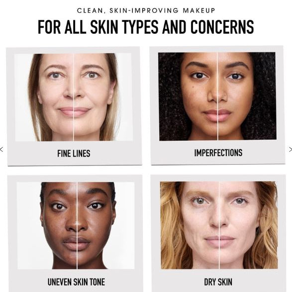 Advertisement for makeup products targeting fine lines, imperfections, uneven skin tone, and dry skin.