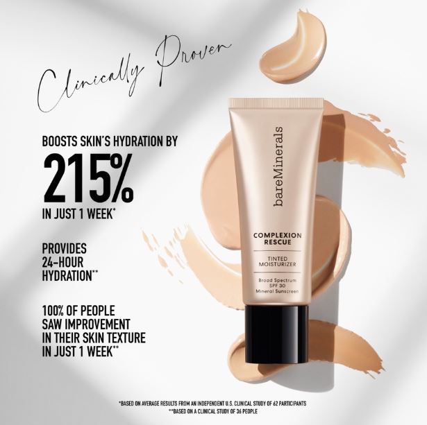 bareMinerals Complexion Rescue tinted moisturizer with product details on a white background