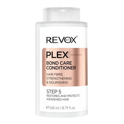 A bottle of Revox Plex Bond Care Conditioner, Step 5, for hair fibre strengthening and nourishing, shown on a plain white background.