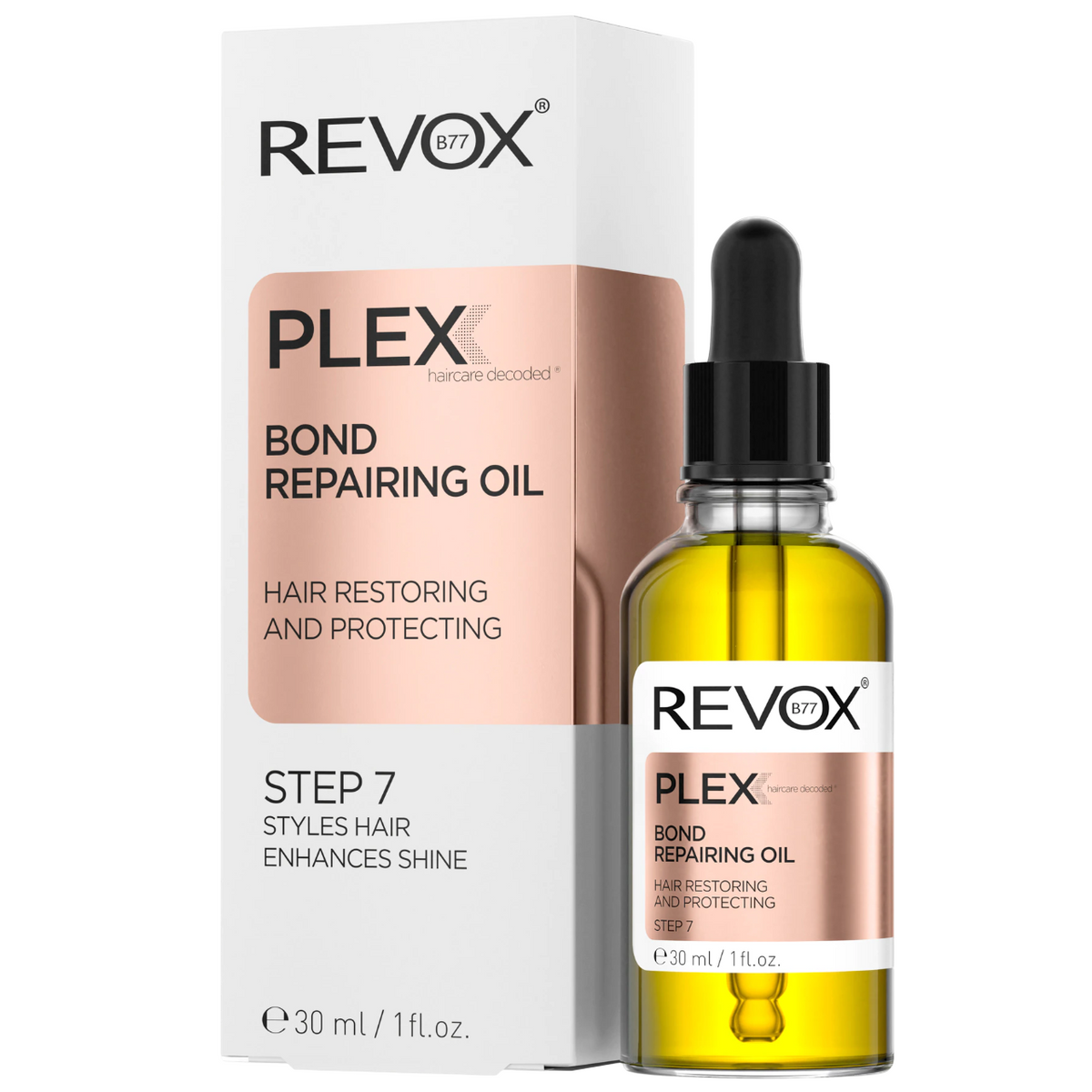 REVOX PLEX Bond Repairing Oil Step 7 hair restoring and protecting treatment, shown as a 30 ml dropper bottle next to its white and rose gold packaging box.