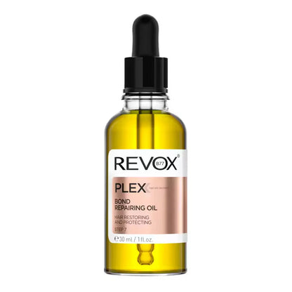 A 30 ml bottle of REVOX Plex Bond Repairing Oil, Step 7, featuring a clear glass bottle filled with golden-yellow oil, a white and rose gold label, and a black dropper cap, set against a plain white background.