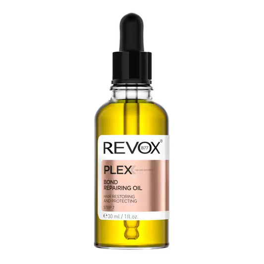 A 30 ml bottle of REVOX Plex Bond Repairing Oil, Step 7, featuring a clear glass bottle filled with golden-yellow oil, a white and rose gold label, and a black dropper cap, set against a plain white background.