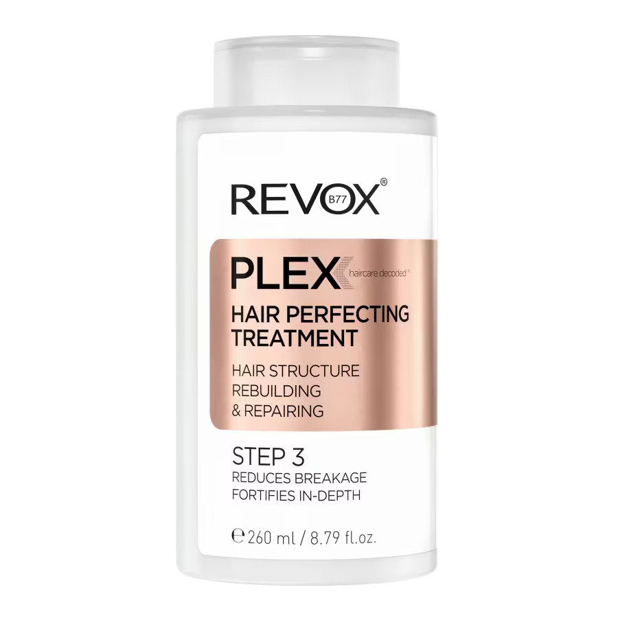 Revox Plex hair perfecting treatment bottle on a white background