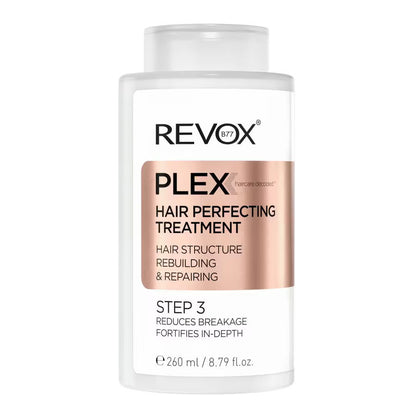 Revox Plex hair perfecting treatment bottle on a white background